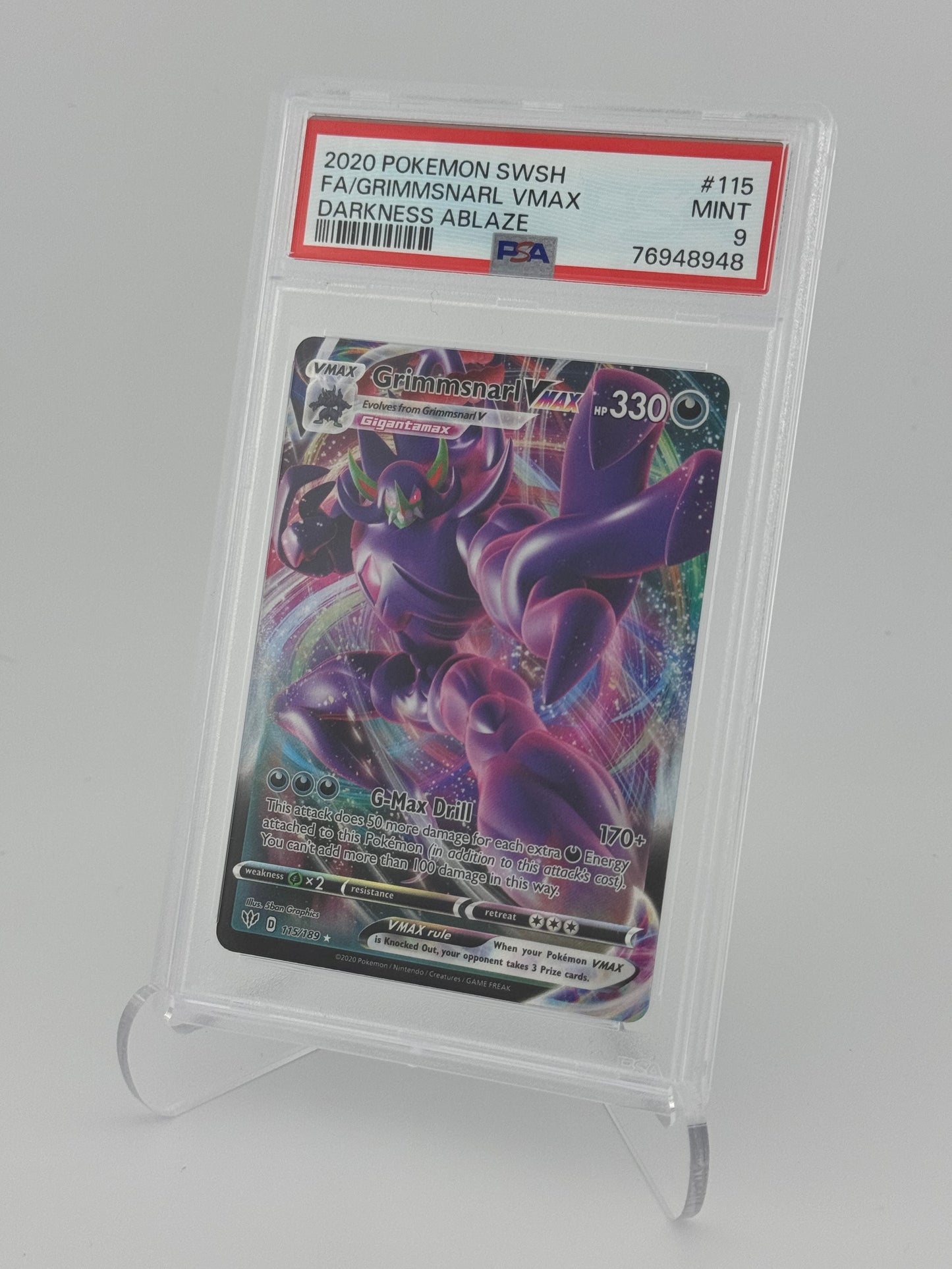 2020 Pokémon SWSH Grimmsnarl VMAX Full Art #115/189 – Darkness Ablaze – PSA 9 (Mint)